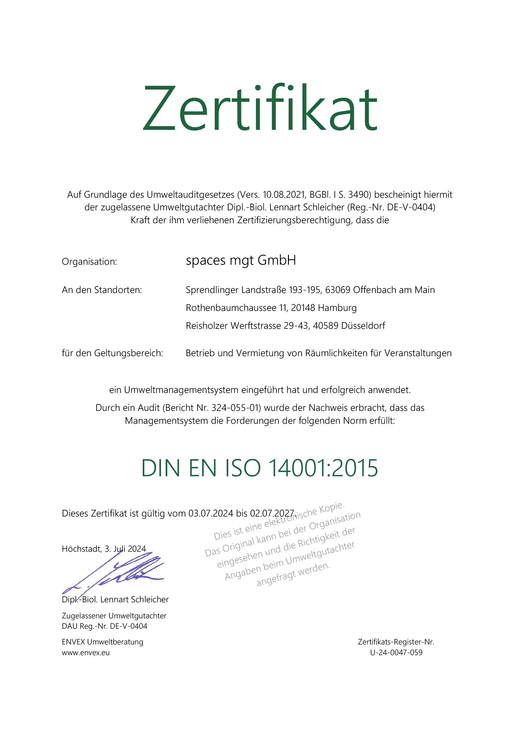 Abbildung ISO 14001:2015 Zertifikat